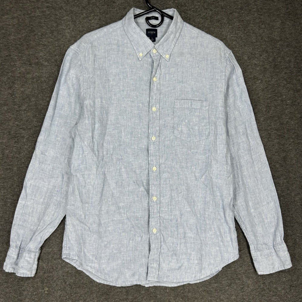 J Crew Shirt Men's Large Blue Solid Slim Fit Linen Button Down Long Sleeve